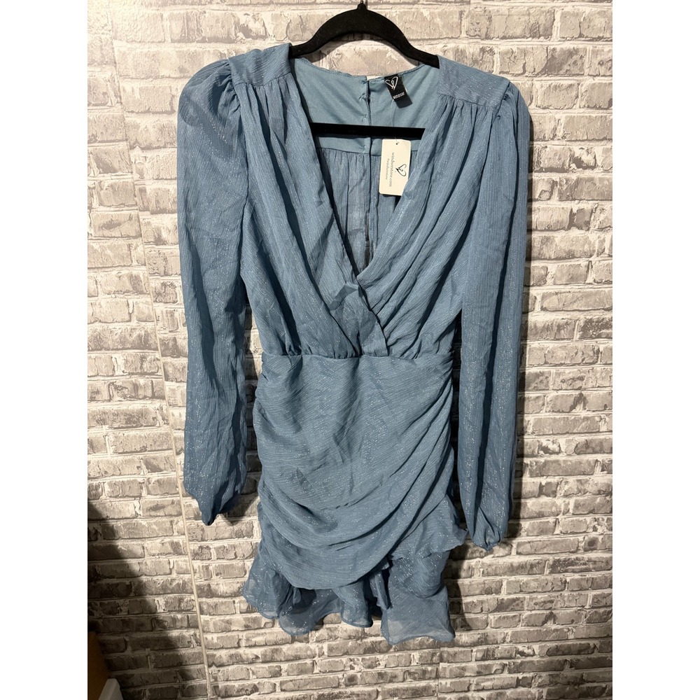 Windsor Blue Metallic Ruched Long Sleeve Mini Dress NWT Size Medium